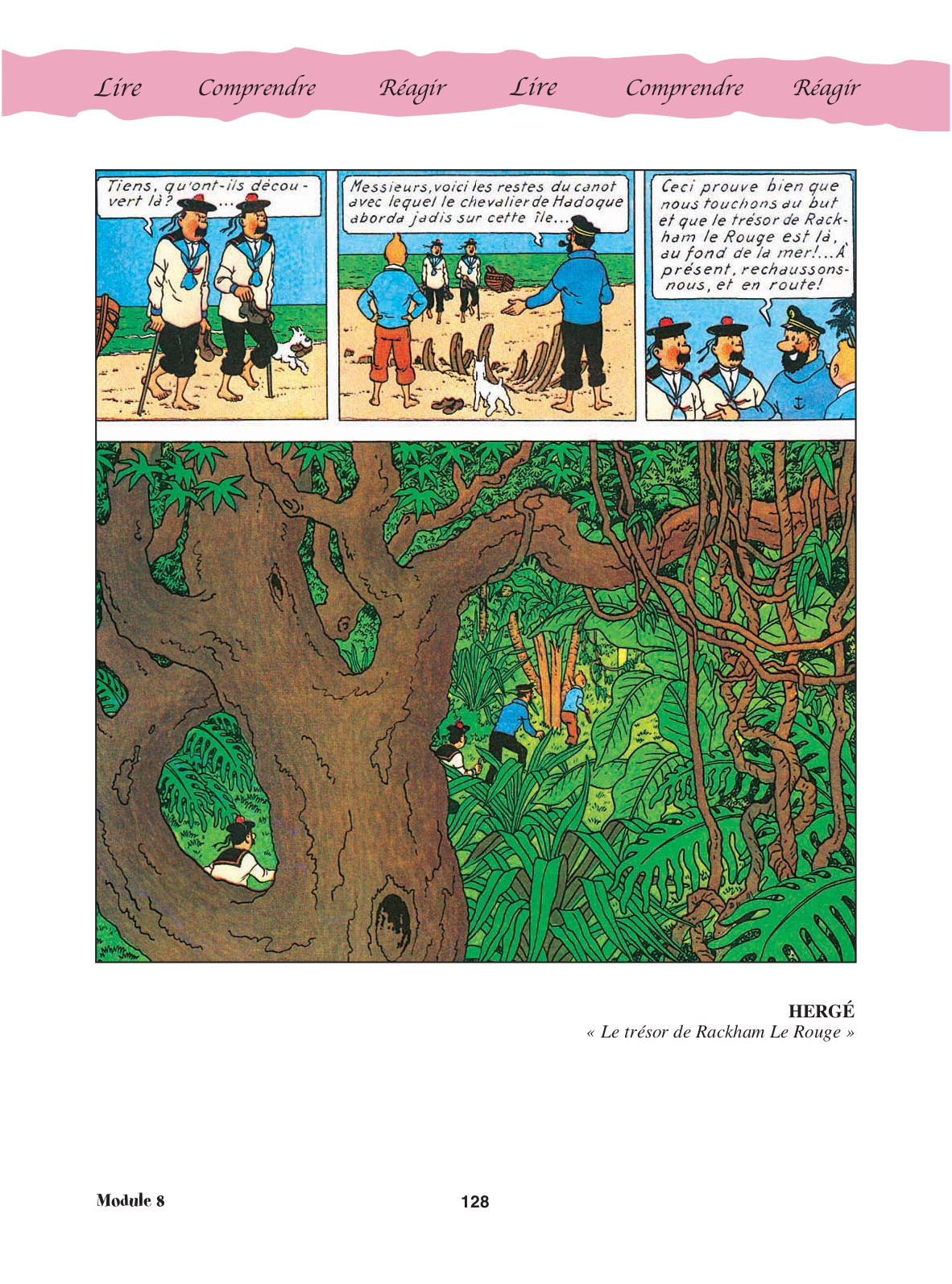 Page 128 du manuel : la découverte des restes du canot et l'entrée dans la forêt